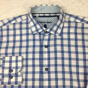 Visconti Black Dress Shirt Mens Medium White w/Blue Checks Contrasting Trim